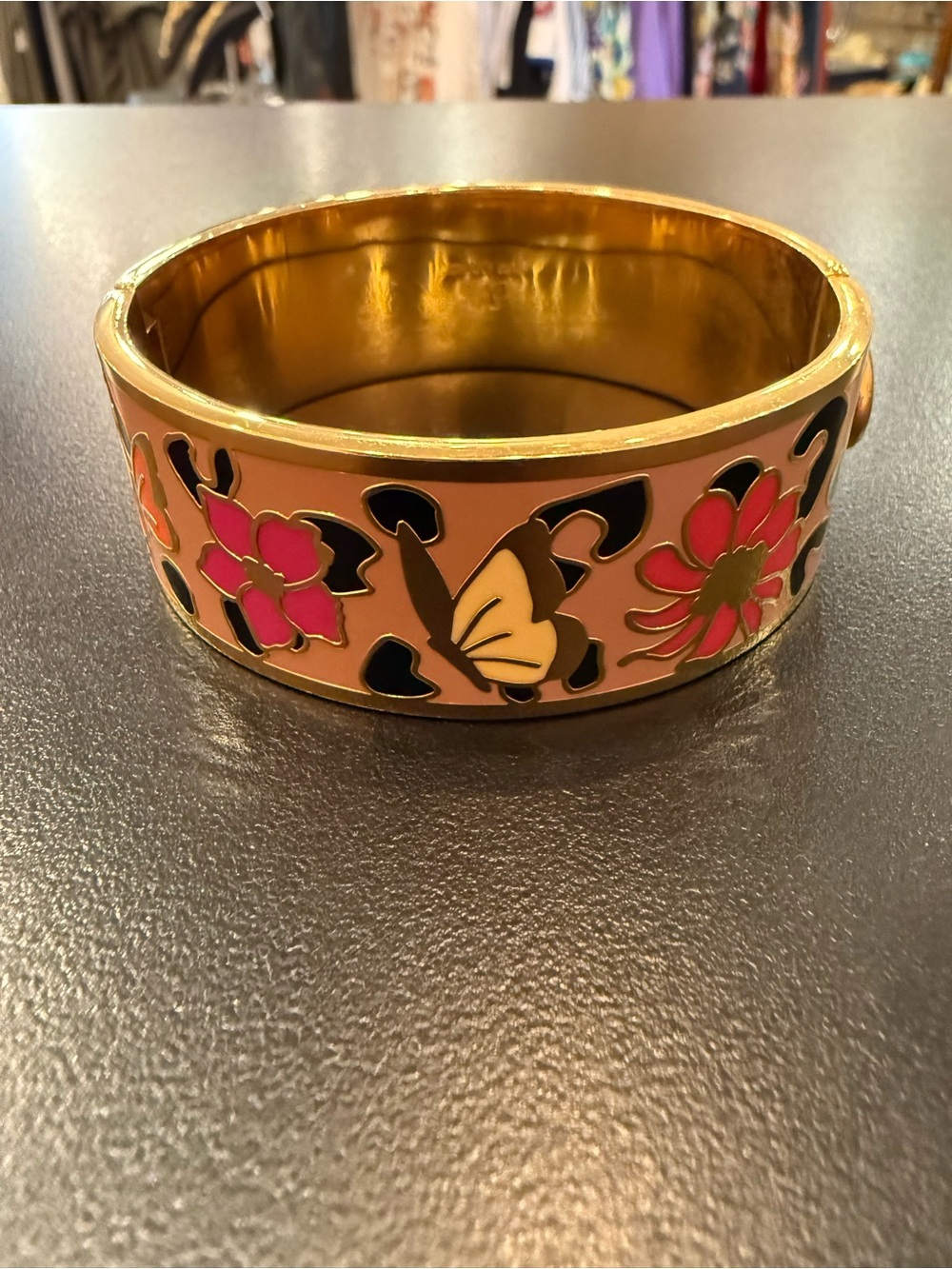 EUC Johnny Was Gold-Tone Floral & Butterfly Enamel Bangle Bracelet - Pink